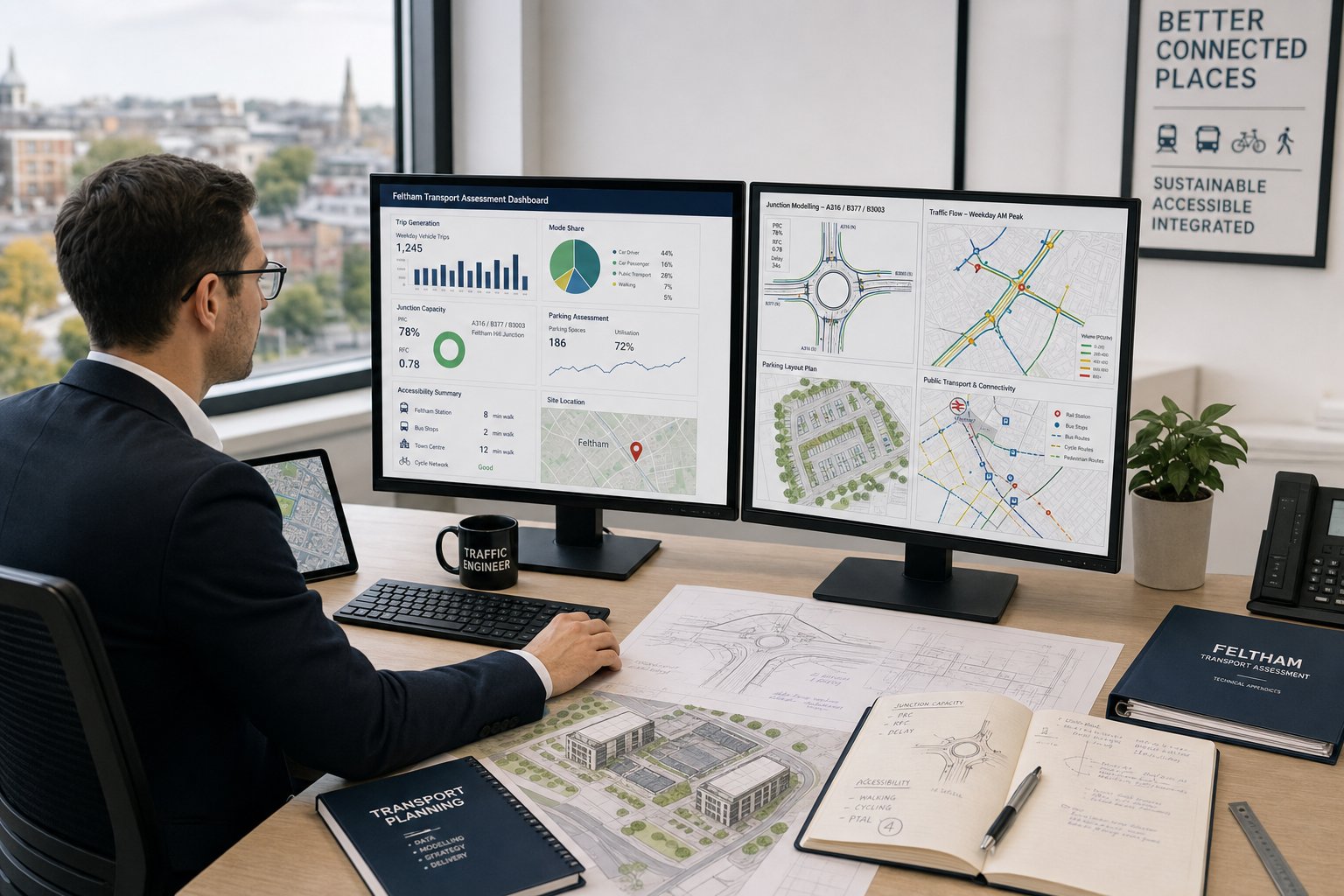 Traffic engineer reviewing junction, trip, and parking assessment data in office.