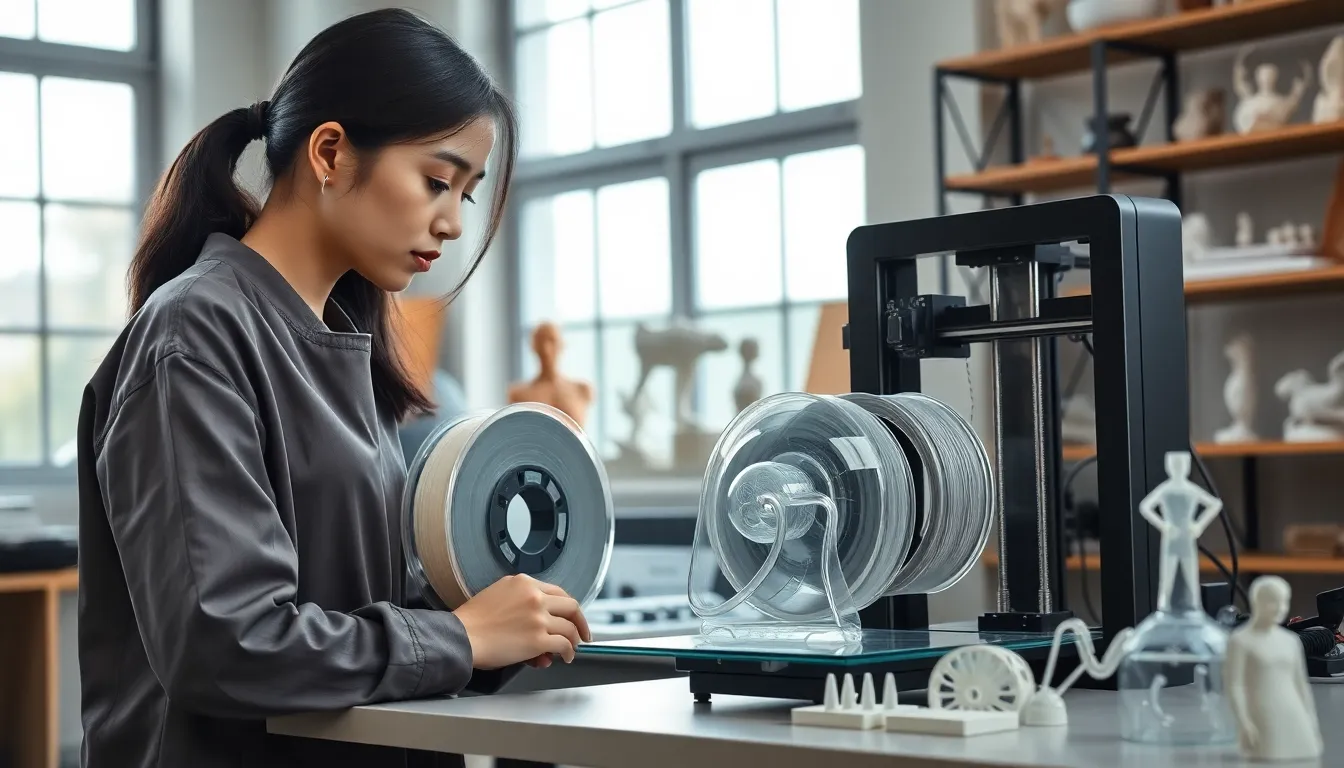 artist working with transparent 3D printing filament in a modern workshop.