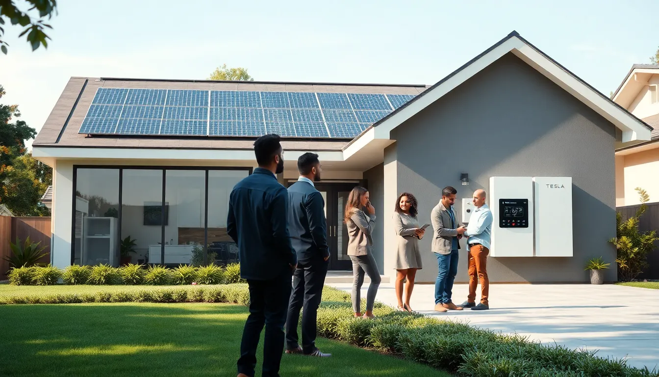 modern smart home with solar panels and diverse professionals discussing technology.