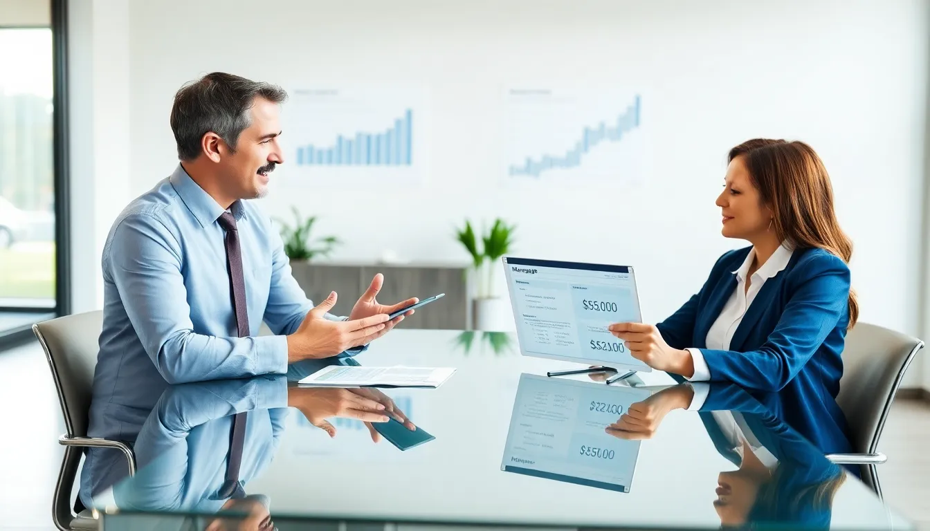 financial advisor discussing mortgage options with a couple in a modern office.