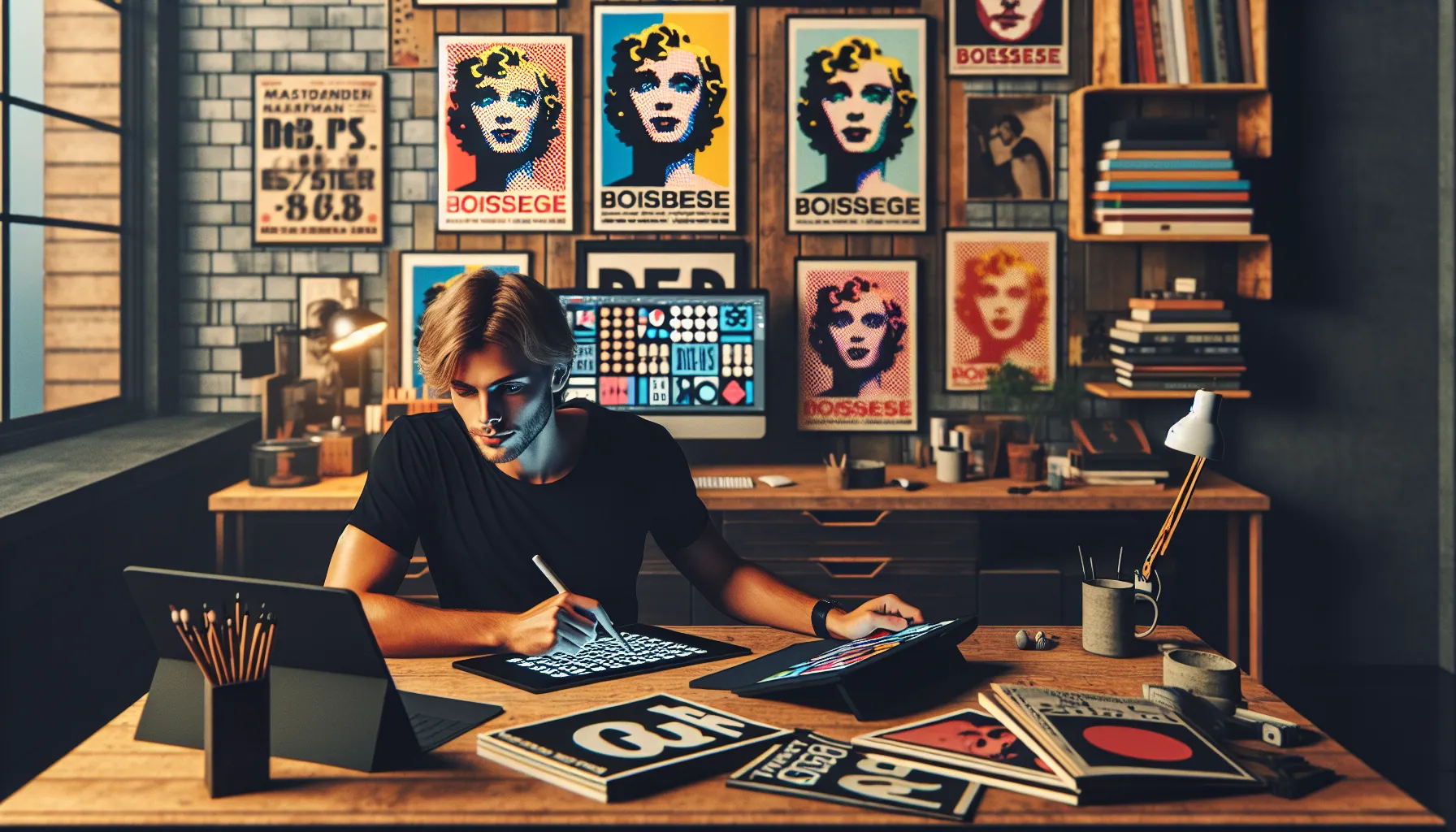 Norwegian designer editing pop-art graphics beside posters, magazines, and vinyl covers.