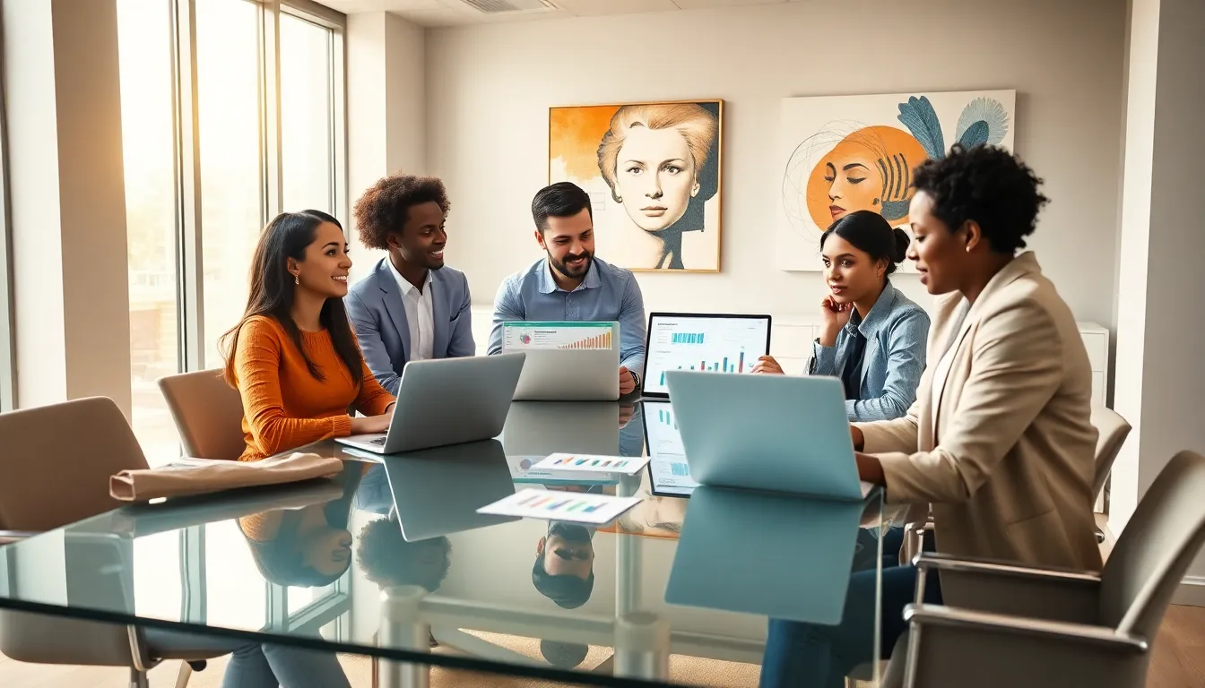 diverse marketing team collaborating in a modern office.