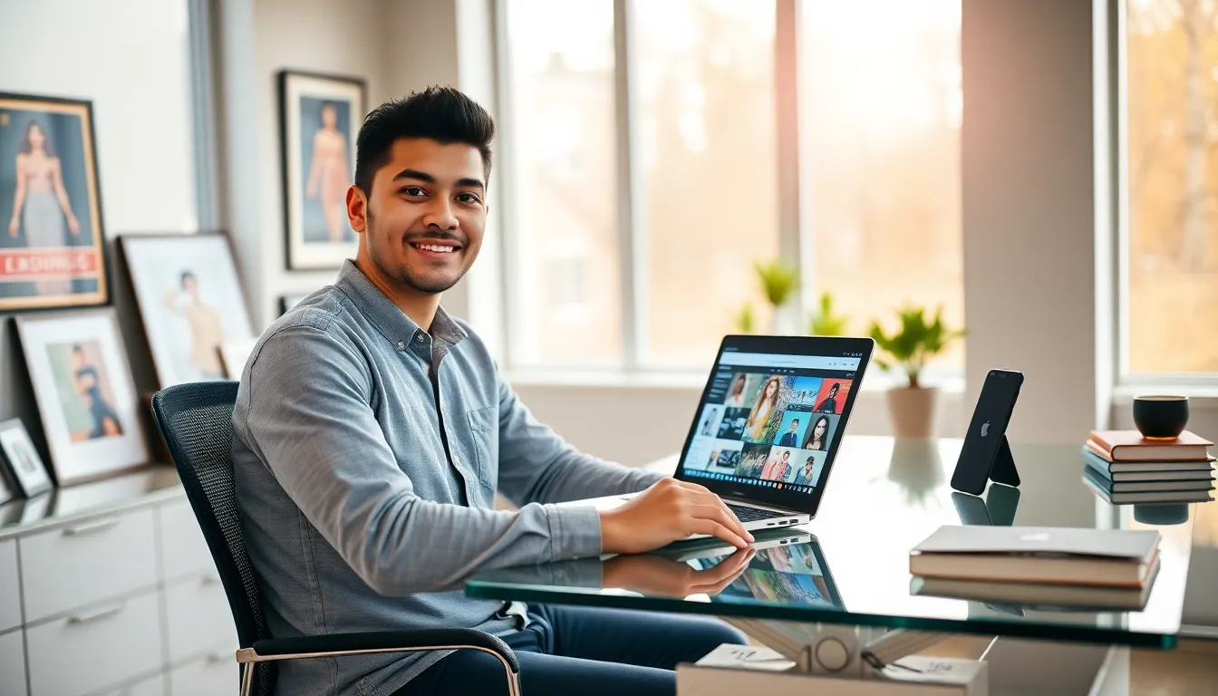 young content creator in a modern workspace, focused on his laptop.