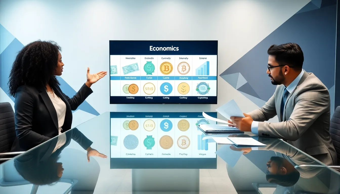 diverse economists discussing types of money in a modern office.