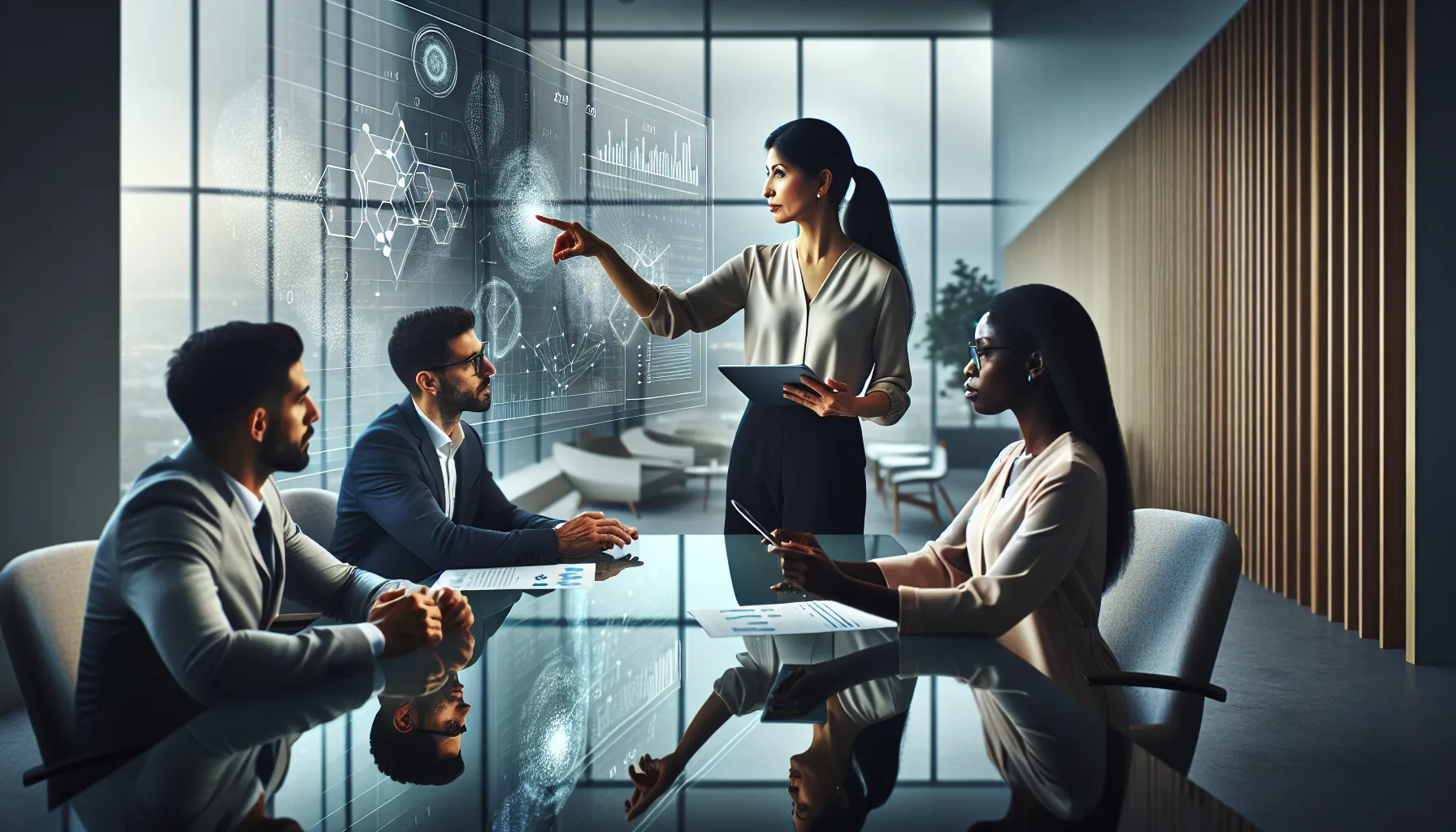 diverse team discussing data in a modern office.