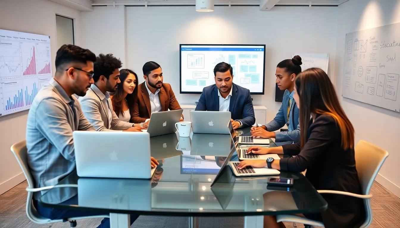 diverse team collaborating on SaaS web design in a modern office.