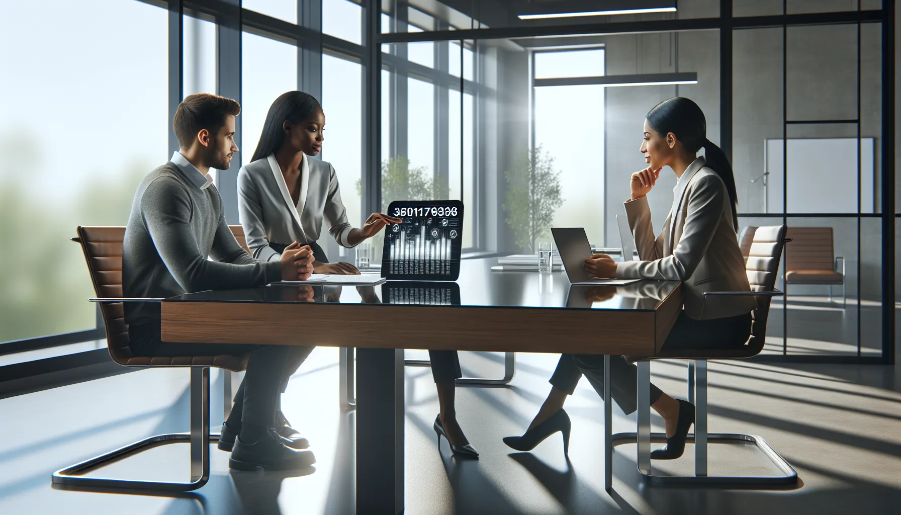 professionals discussing data in a modern office setting.