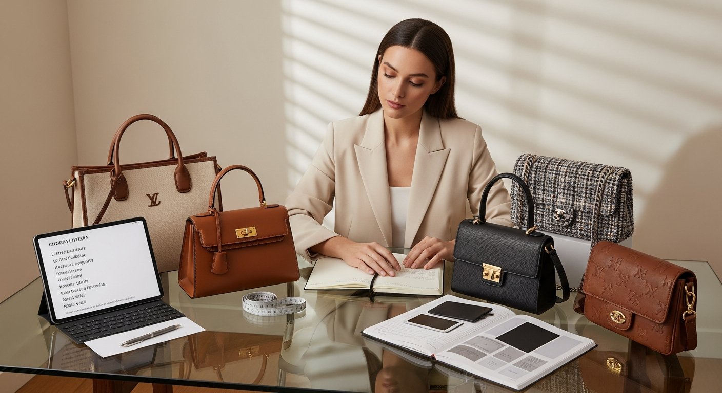 Professional reviewing luxury designer handbags on a sleek desk.