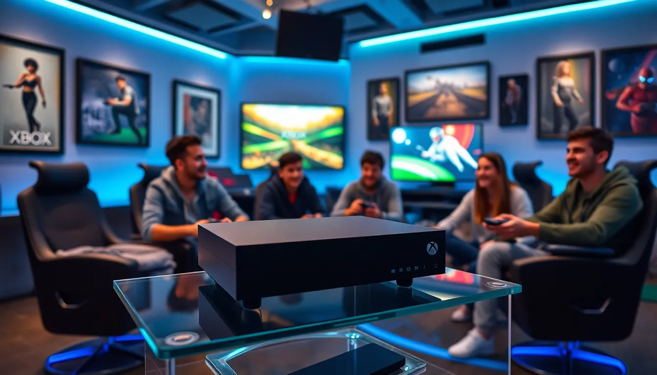 a diverse group playing Xbox in a modern gaming room.