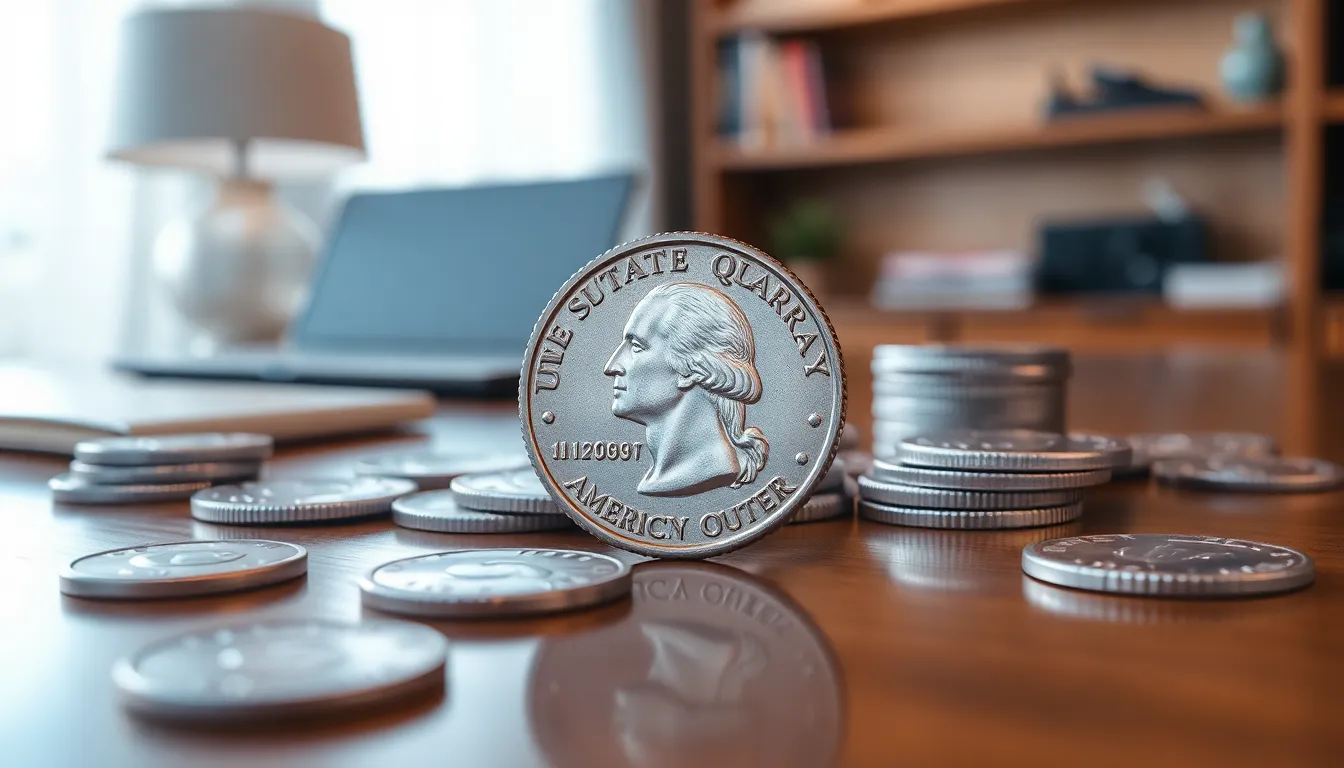 Close-up of modern quarters on a wooden table, highlighting their collectible value.