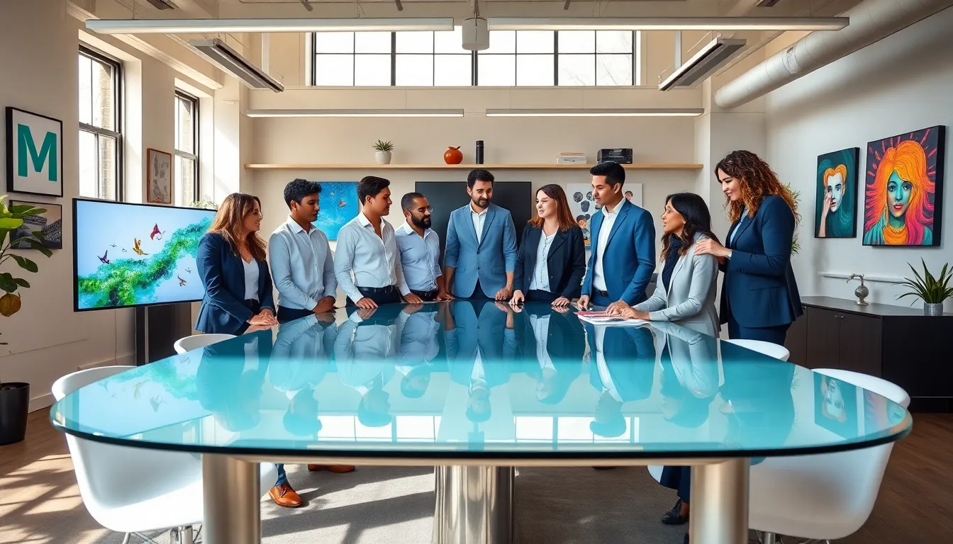 diverse team collaborating in a modern office space.