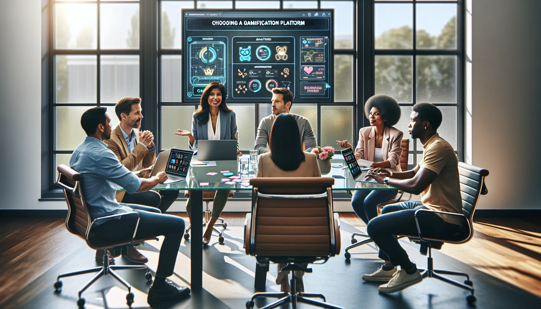 diverse team discussing gamification platforms in a modern office.