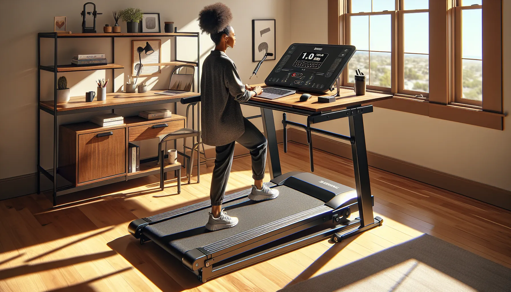 Woman types while walking on a folding treadmill desk in a home office.
