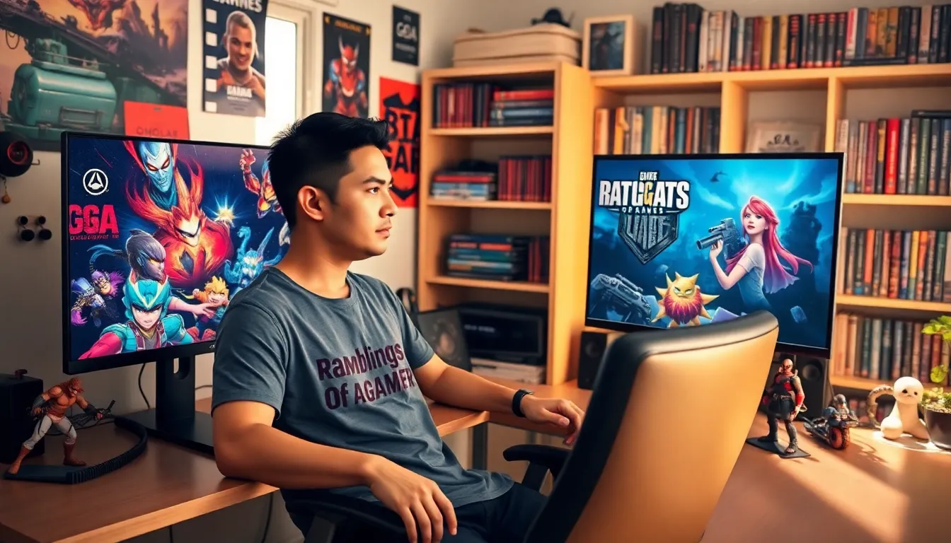a young man gaming at his desk in a cozy home office.