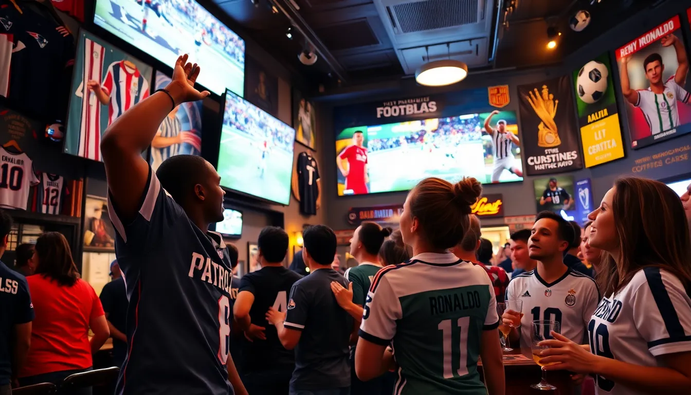 Fans celebrating football highlights in a lively sports bar.