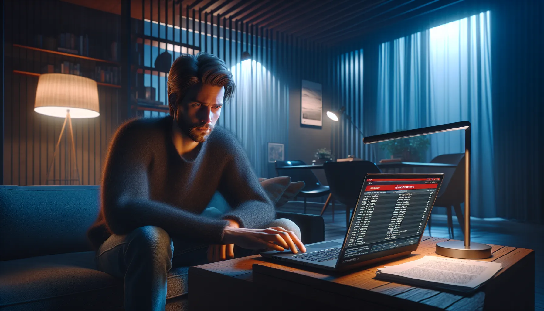 Worried norwegian man at laptop with torrent warning, law book, and legal letter.