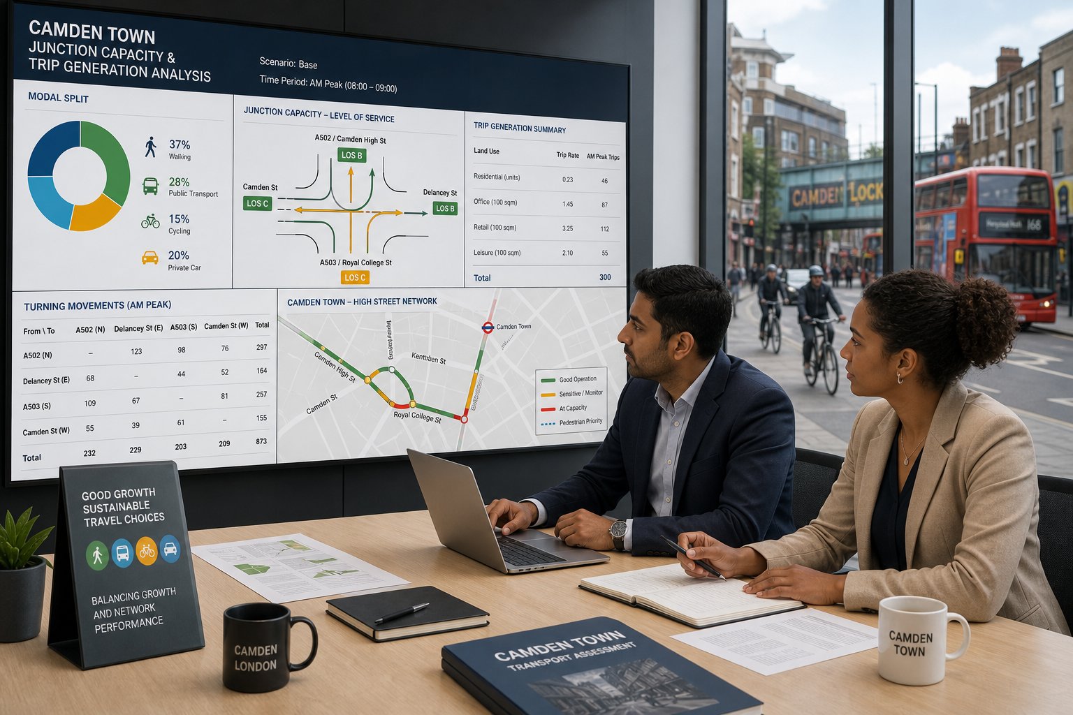 Traffic engineer analysing junction and trip data in a modern Camden office.