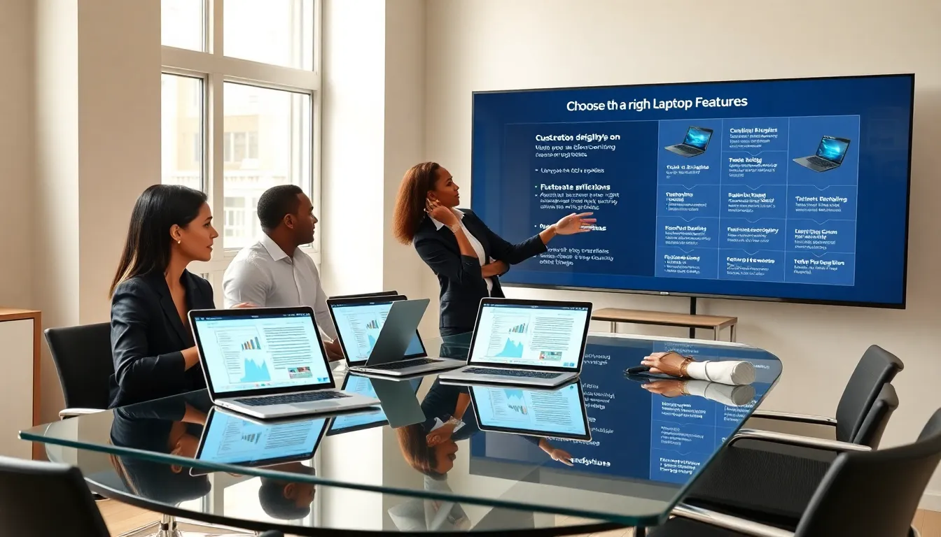 team discussing laptop options in a modern office setting.