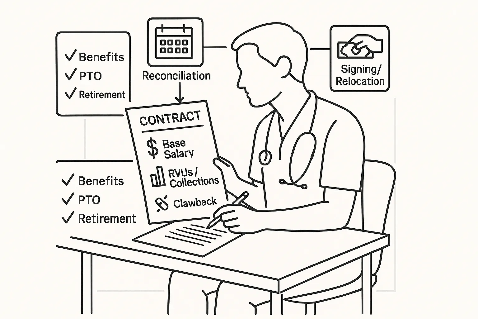 Physician assistant reviewing a contract with pay and clawback highlights.