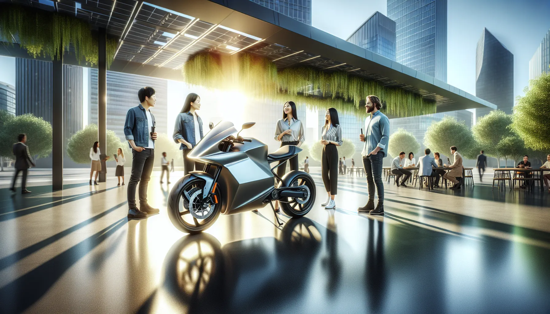 electric motorcycle surrounded by professionals discussing sustainability.