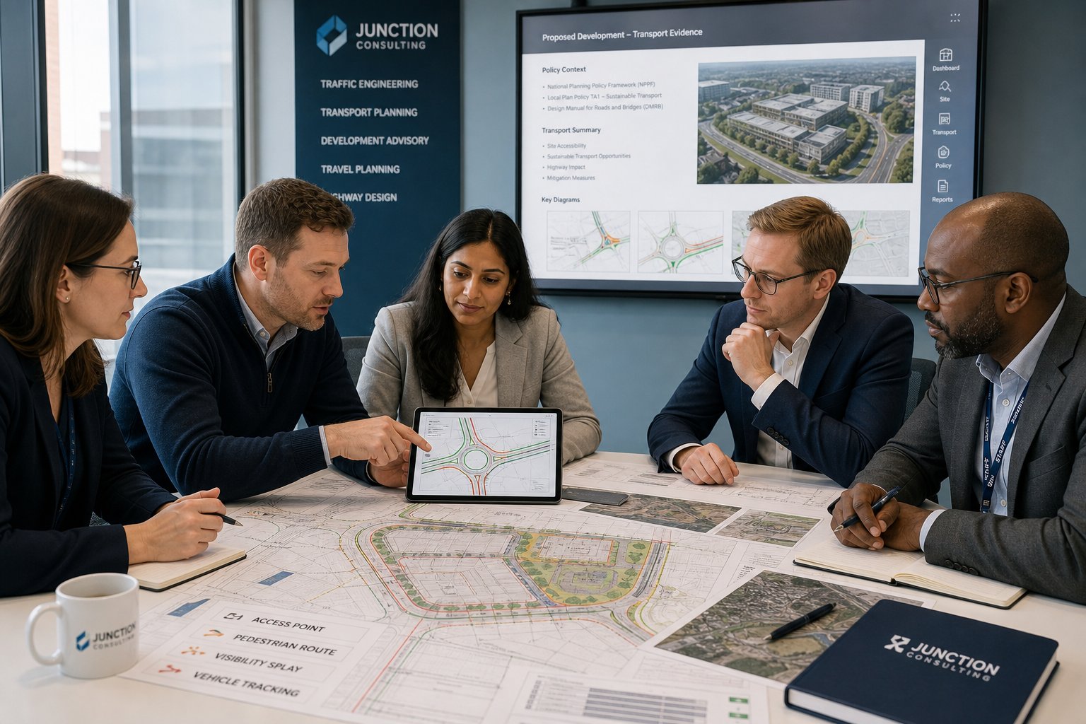 Professionals reviewing traffic plans in a modern UK office meeting.