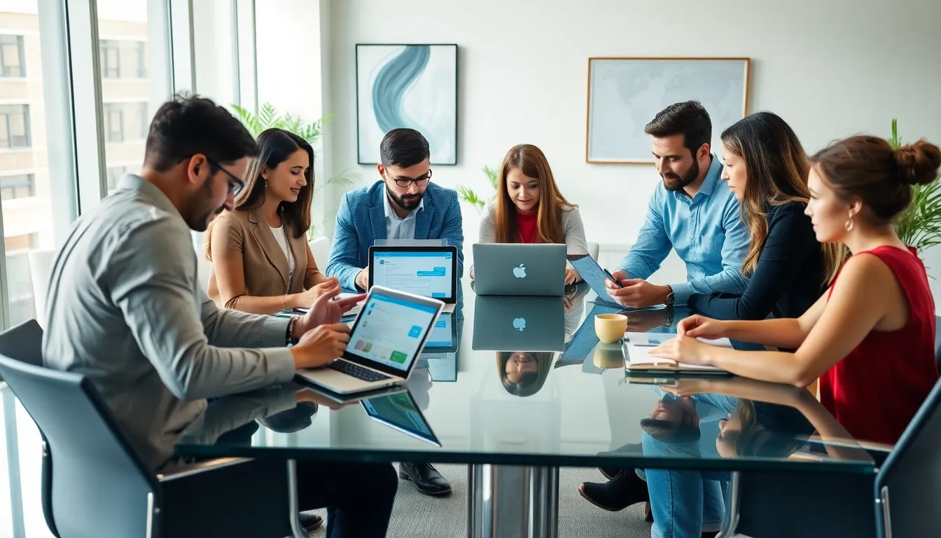 diverse professionals collaborating in a modern office using ChatGPT.