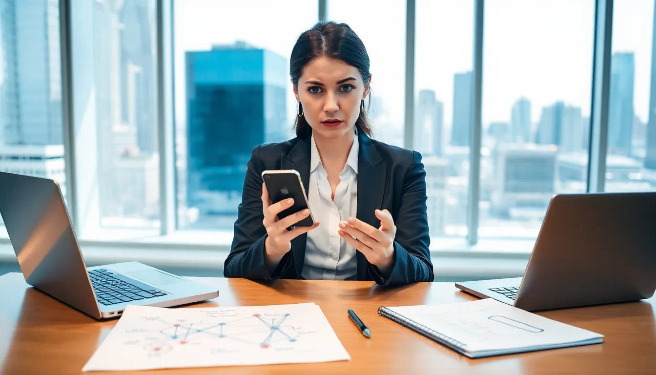 woman frustrated with phone not registered on network in modern office.