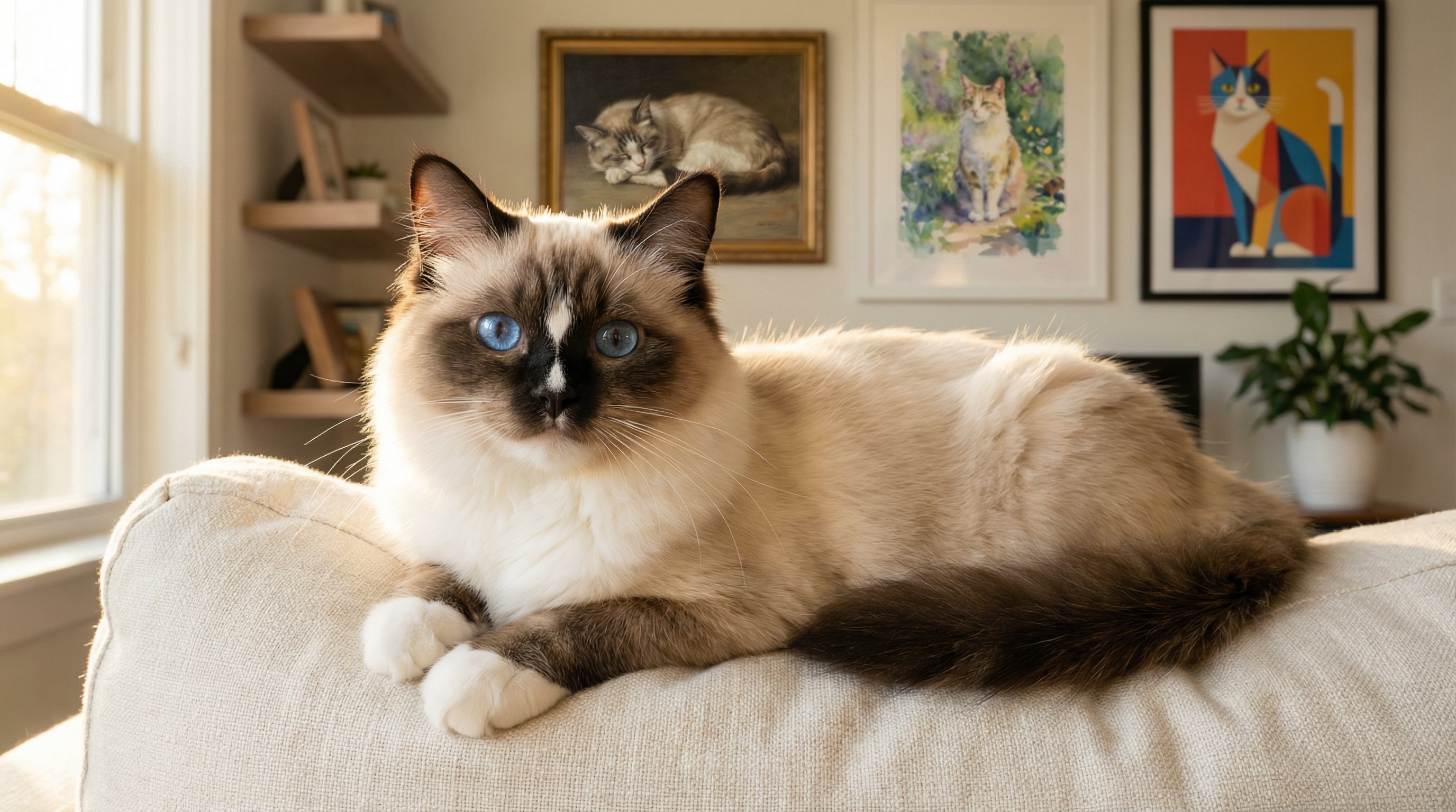 A blue-eyed Ragdoll cat posing near framed cat portraits on a wall.