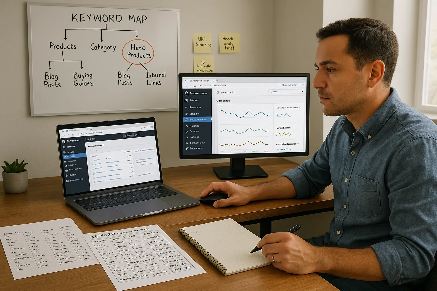 RankMath for WooCommerce: A Practical SEO Guide for Online Stores 4 Store owner planning WooCommerce SEO strategy on laptop with analytics and keyword map.