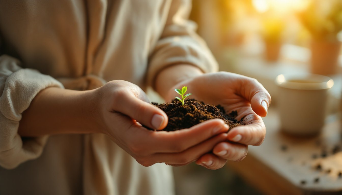 A clenched fist beside an open cupped hand holding a tiny green seedling in sunlight.