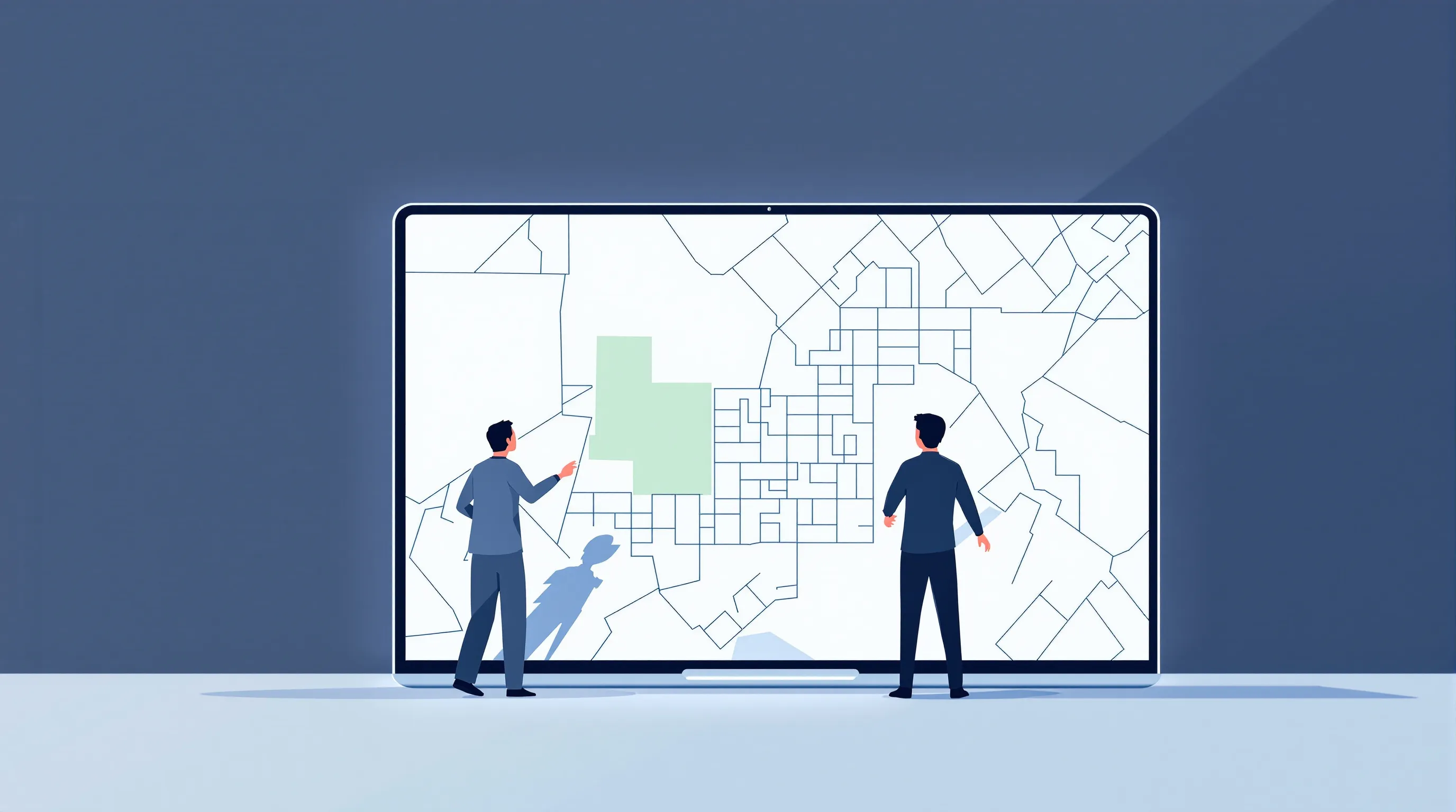 A person accessing a cadastral map on a computer screen with simple geometric property boundaries.