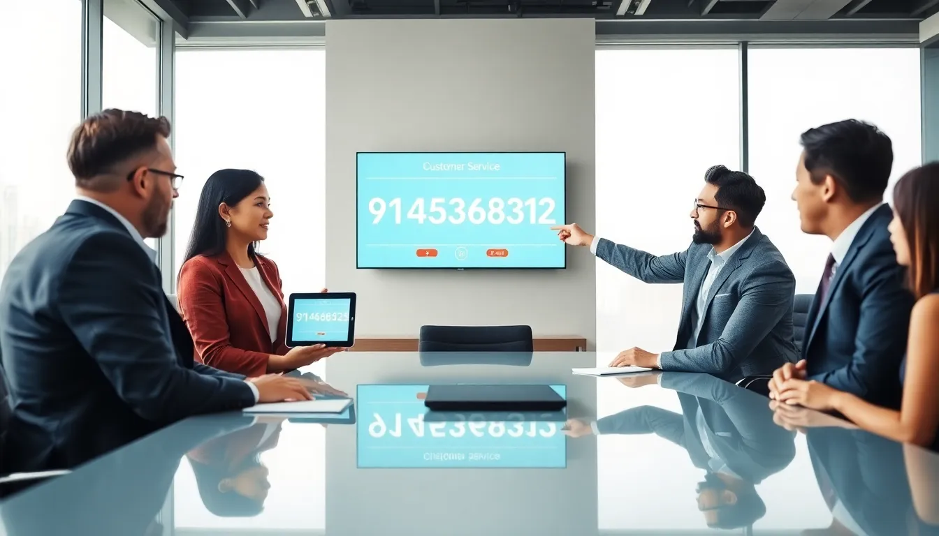 diverse team discussing a phone number in a modern office.
