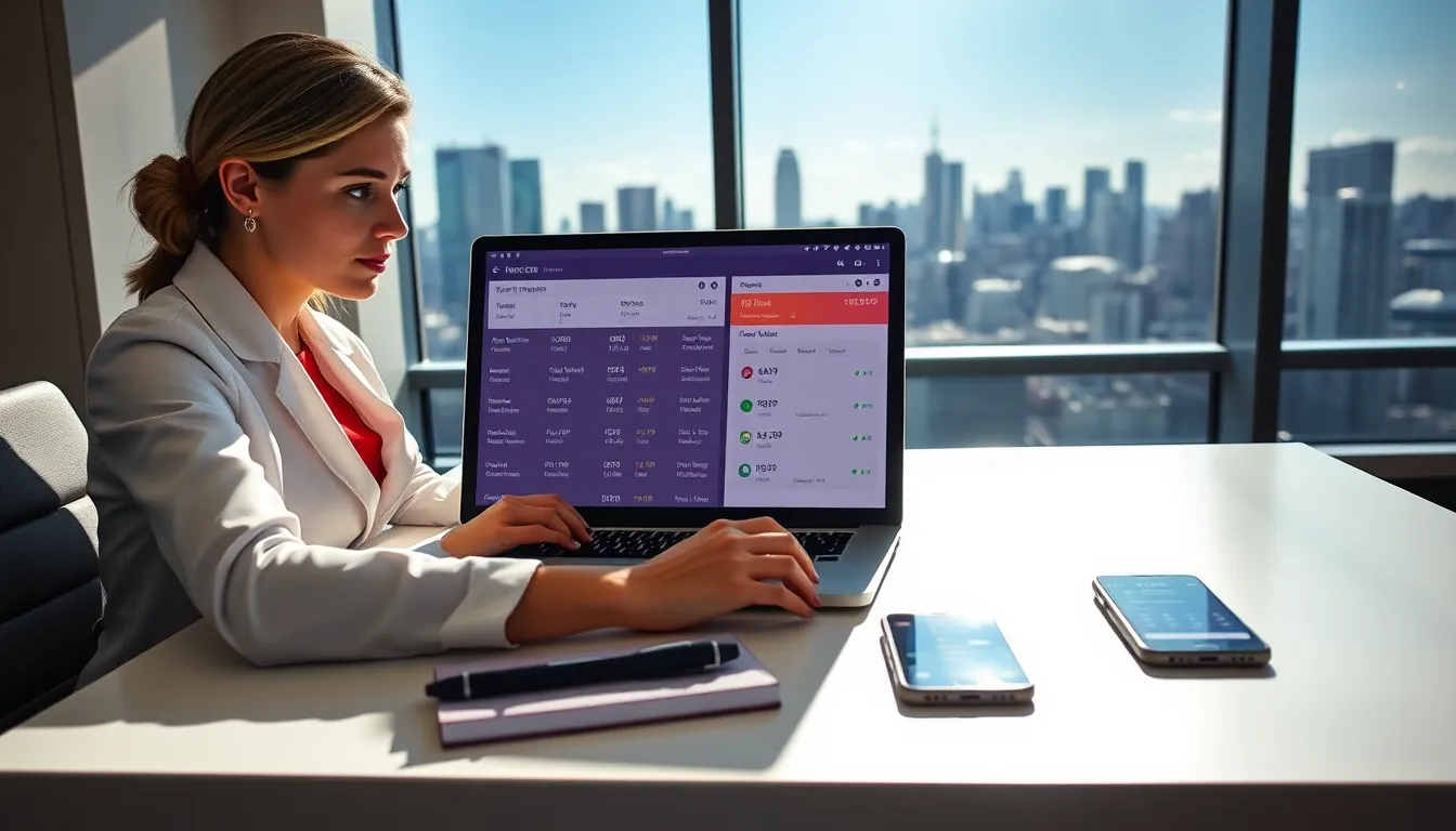 professional analyzing flights on a laptop in a modern office.