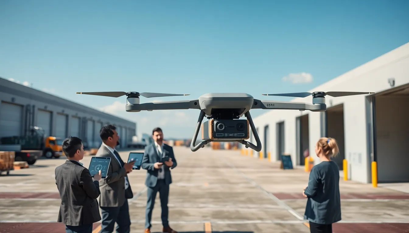 cargo drone flying above a modern logistics team in an industrial setting.