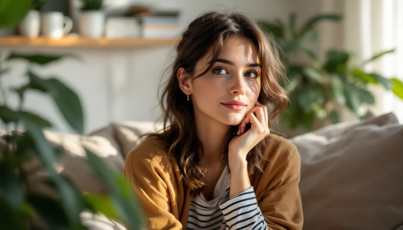 Woman sitting peacefully with eyes closed, hand on heart, journaling in sunlit room.