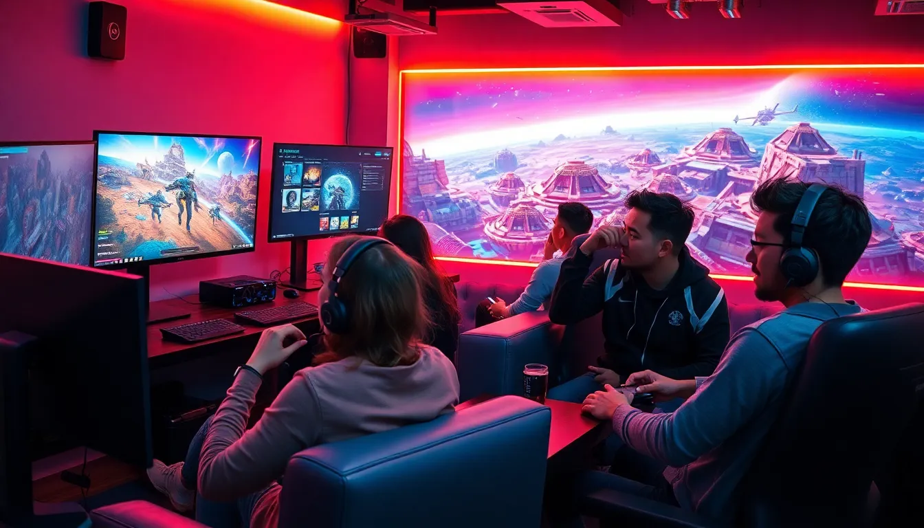 diverse group of gamers playing freelancer video games in a modern gaming lounge.