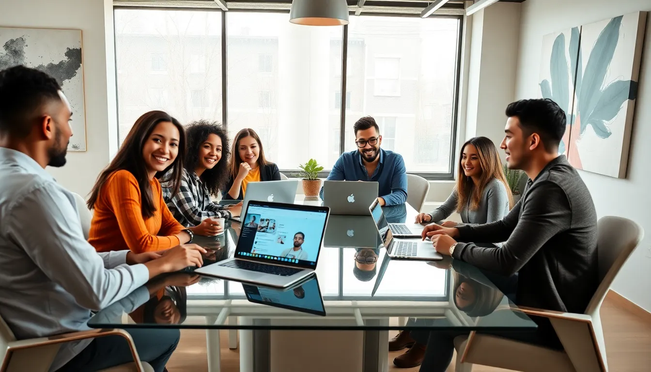 diverse professionals collaborating in a modern workspace.