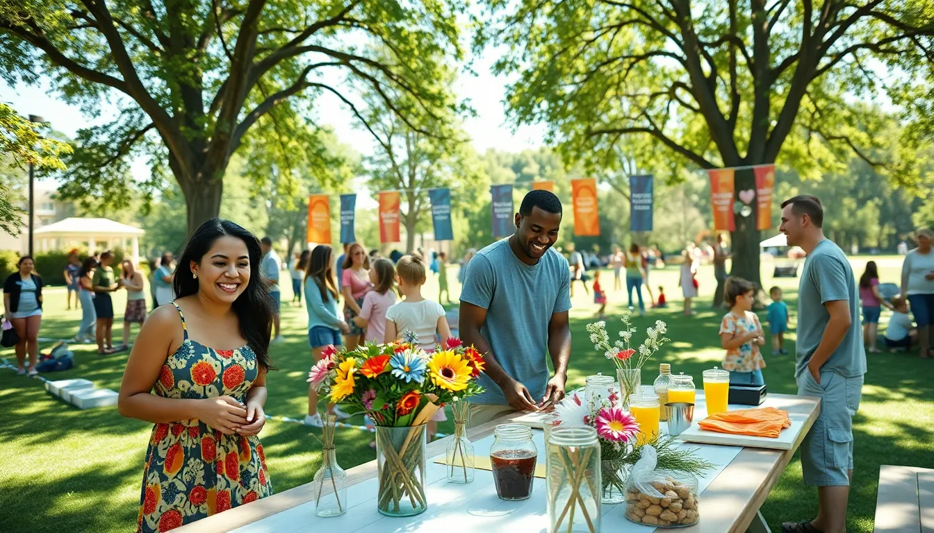A diverse group decorating a picnic table for a community gathering.