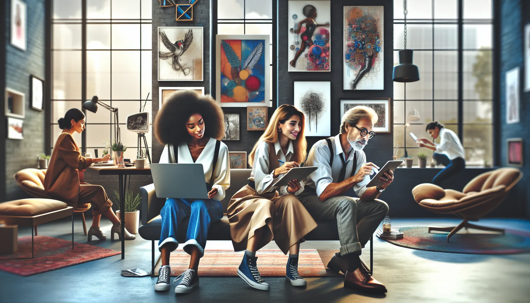 diverse artists collaborating in a modern workspace.