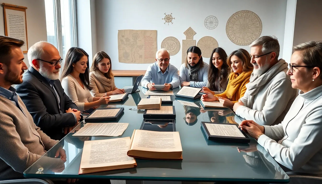 diverse team discussing historical linguistics in a modern office.