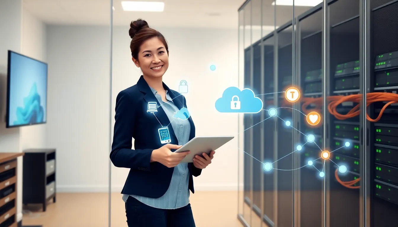 Engineer gesturing at a holographic network diagram beside server racks.
