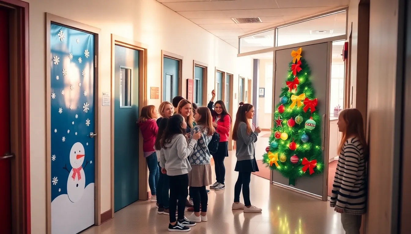 students decorating doors with festive Christmas themes in a school hallway.