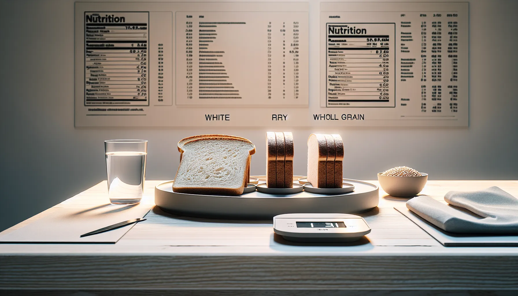 Three types of sliced bread on plates with nutritional labels.