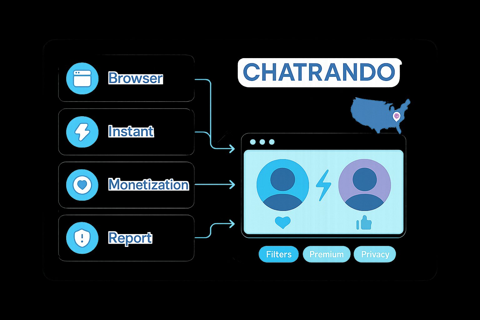 At-a-glance infographic summarizing Chatrando features for US users.