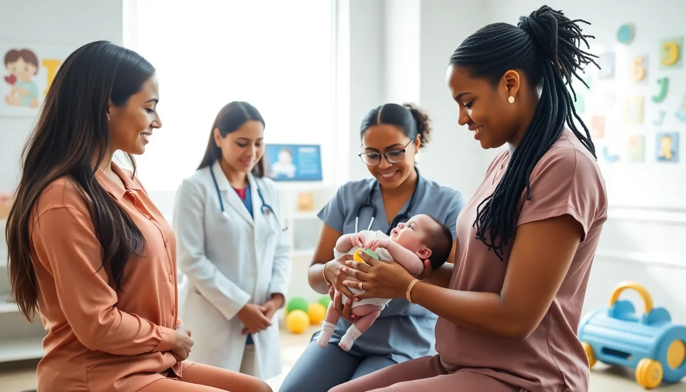 caregivers engaging with a special needs baby in a therapy room.