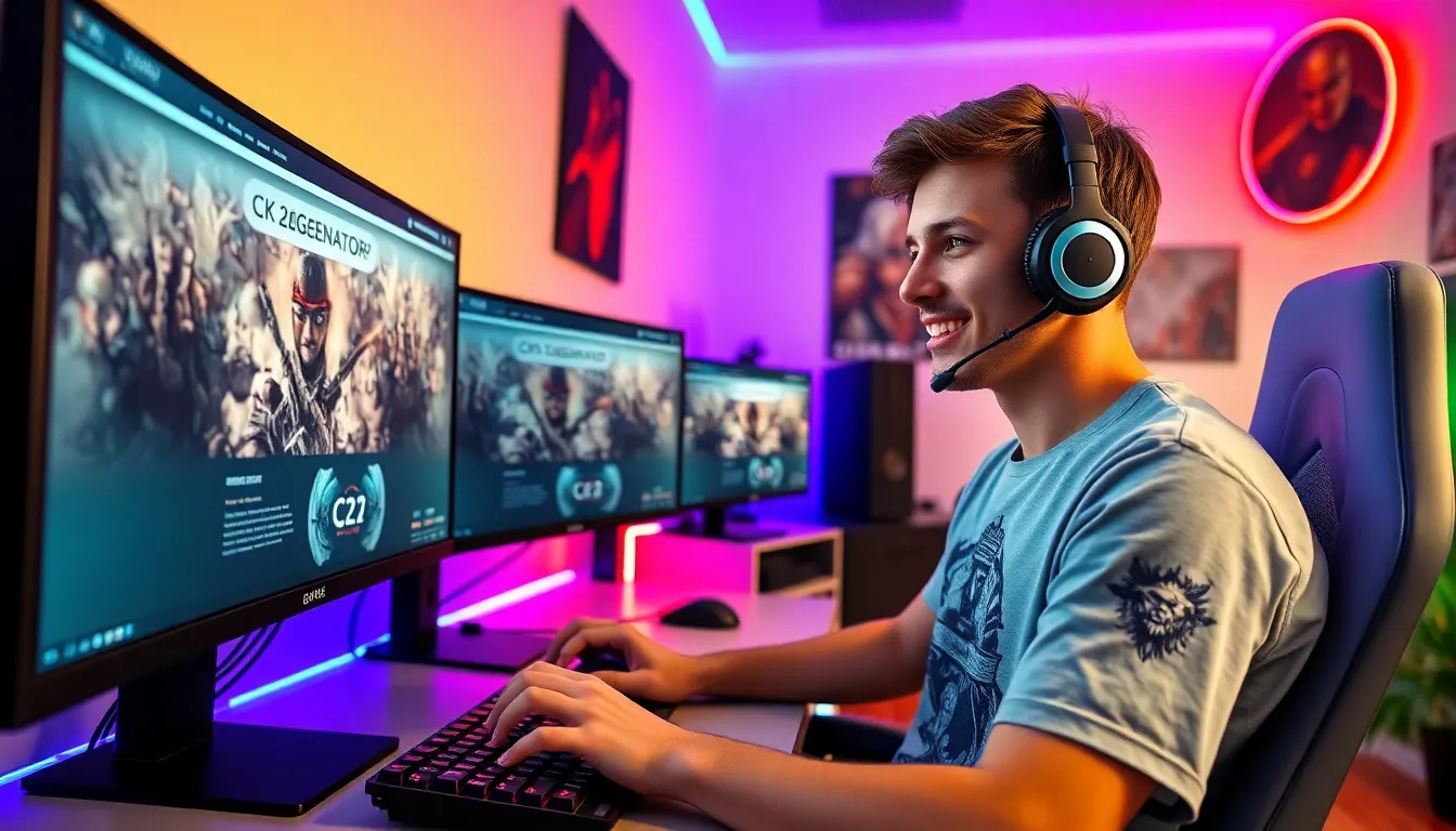 a young man focused on gaming with Ck2generator in a vibrant gaming setup.