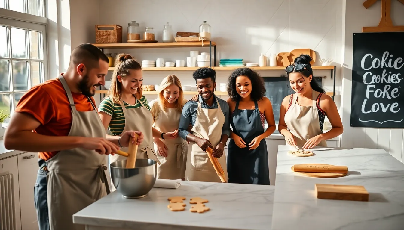 diverse team baking cookies in a bright, modern kitchen.