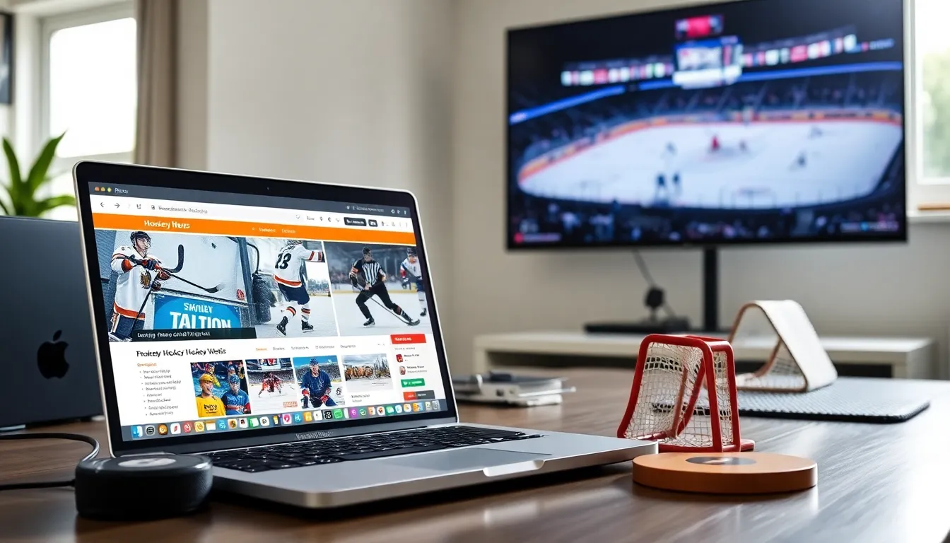 A modern workspace displaying a hockey news website and game footage.
