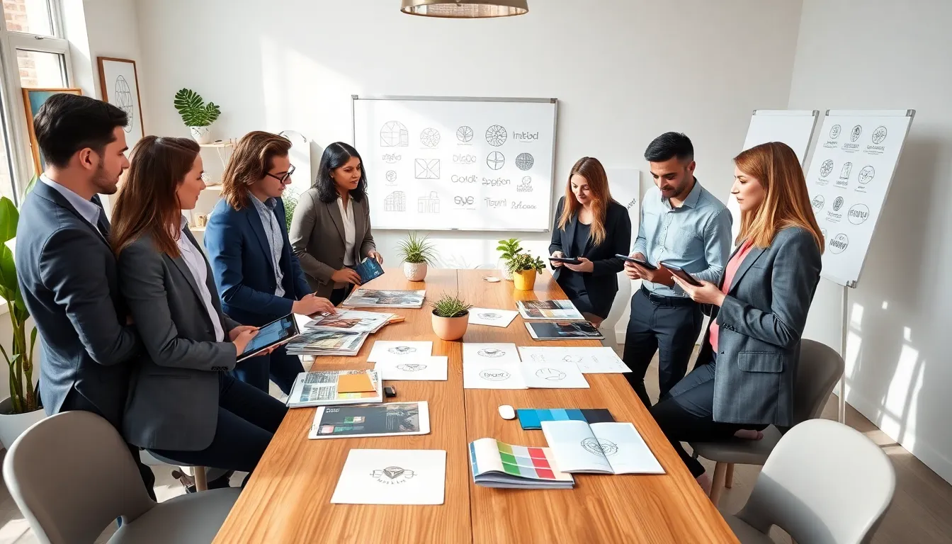 diverse group of interior designers brainstorming logo ideas.