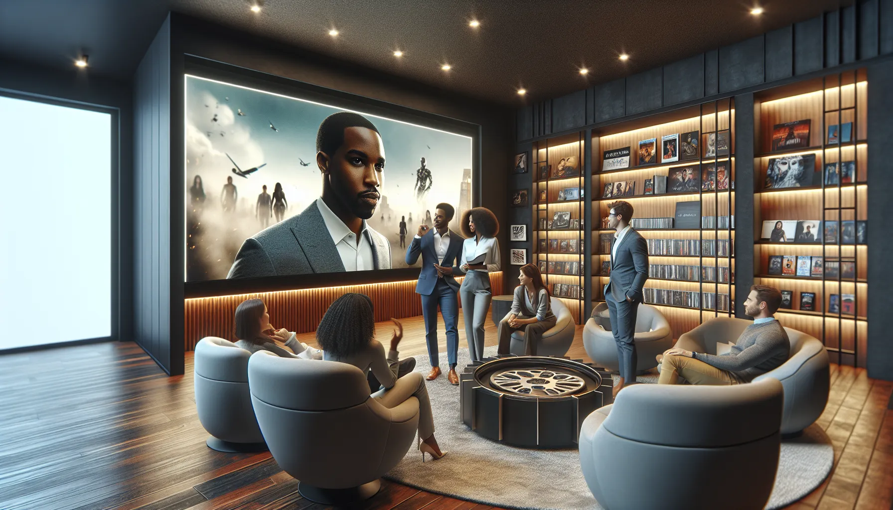 diverse professionals discussing films in a modern viewing room.